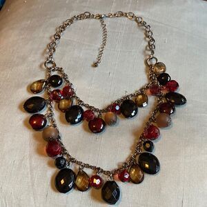 Layered Two Strand Black, Red, Brown & Amber Bead Necklace